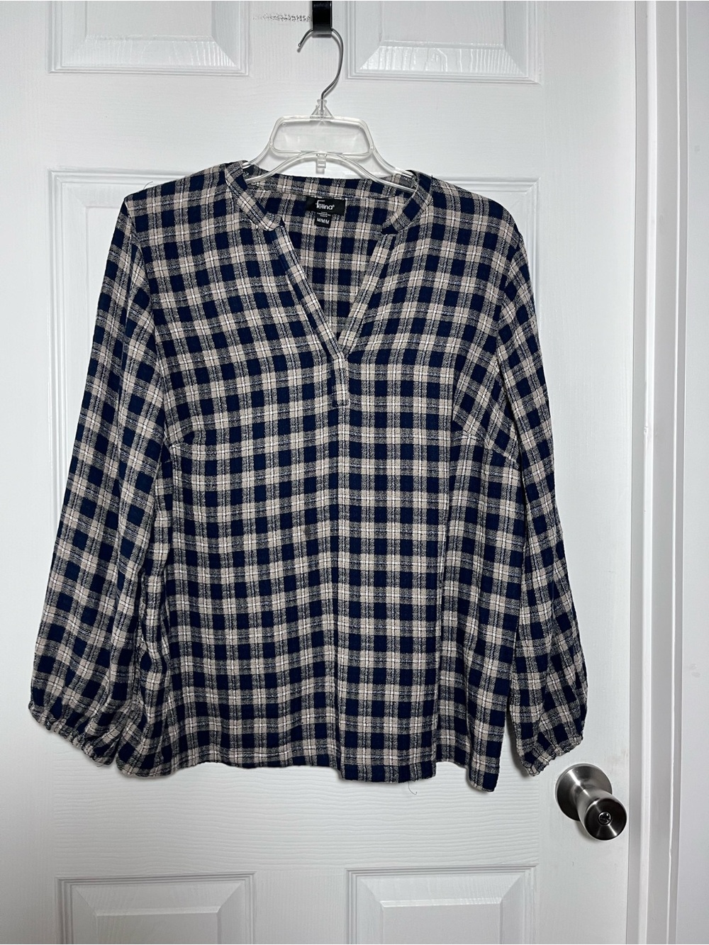 Felina Navy and Taupe Plaid V-Neck Blouse